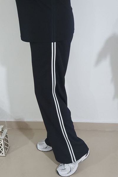 xlargebutik PLUS SIZE CLOTHING CRIS CREPE FABRIC BLACK AND WHITE RIBBED TROUSERS