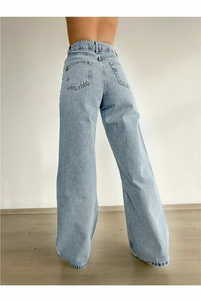 LİMABEL Ciqulata anii 90 Snow Wash Blue Lycra Blue Jeans Largi cu talie super inalta Pantaloni Palazzo