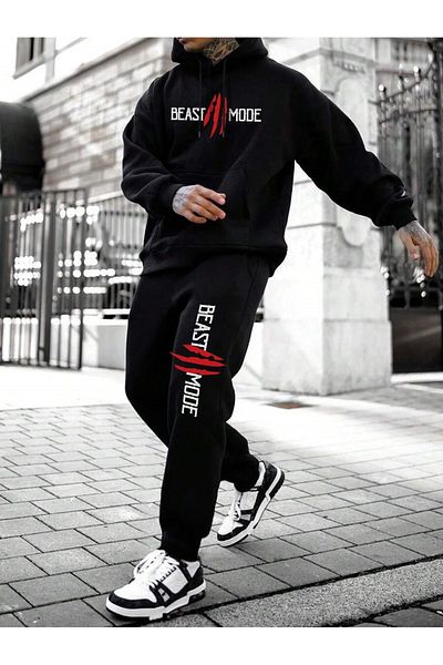 YUVEST BLACKROCK Black Beast Mode Printed Hooded Sweatshirt and Sweatpants Tracksuit Set