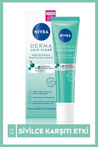 NIVEA Derma Skin Clear Night Exfoliator Gece Arındırıcı Krem 40ml,Glikolik Asit ve Salisilik Asit