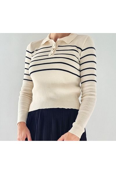 Missfrawomen POLO COLLAR, BUTTON DETAIL, STRIPED, LYCRAL, STYLISH, TREND KITWEAR BLUZ (COMPATIBLE FOR SIZES XS-S-M)