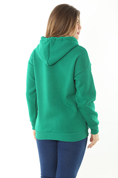 Şans Women's Large Size Green Raised Inside 3 Thread Front Zipper Hooded Sweatshirt 65N37114