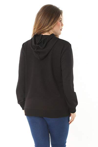 Şans Women's Large Size Pink Stone and Print Detailed Hooded Sweatshirt 65N37116