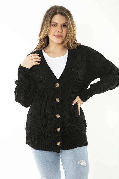 Şans Women's Large Size Black Hair Knit Front Buttoned Thick Knitwear Cardigan 65N37129