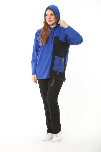 Şans Women's Large Size Saks Color Combination Sweatshirt Trousers Double Suit 65N37127