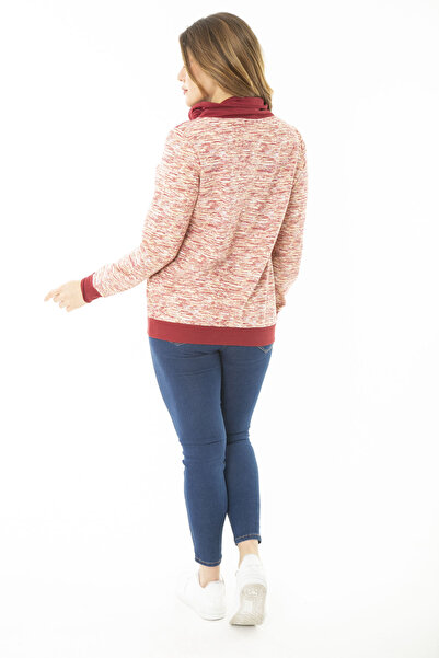 Şans Women's Large Size Eyelet Lace and Ornamental Button Detailed Kangaroo Pocket High Collar Sweatshirt 65N37122