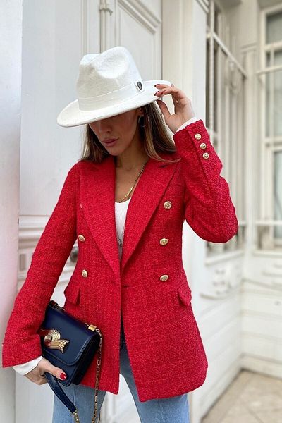 PARQUR Melted Loren Tweed Long Jacket with Gold Button Detail