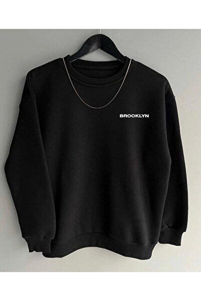 Tarzsokak Siyah Oversize Brooklyn Baskılı Pamuklu Kapşonsuz 0 Yaka Unisex Swe...