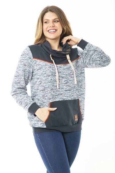 Şans Women's Large Size Eyelet Lace and Ornamental Button Detailed Kangaroo Pocket High Collar Sweatshirt 65N37122