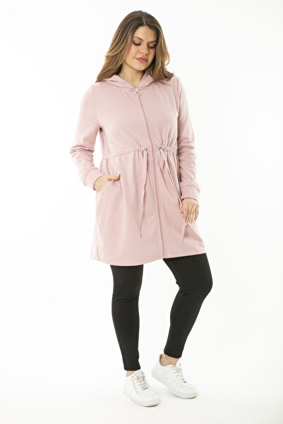 Şans Women's Large Size Pink Hooded Drawstring Sweatshirt 65N37119