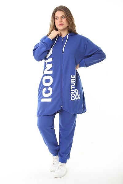 Şans Women's Large Size Saks Print and Zipper Detailed Hooded Sweatshirt Trousers Set 65N37128