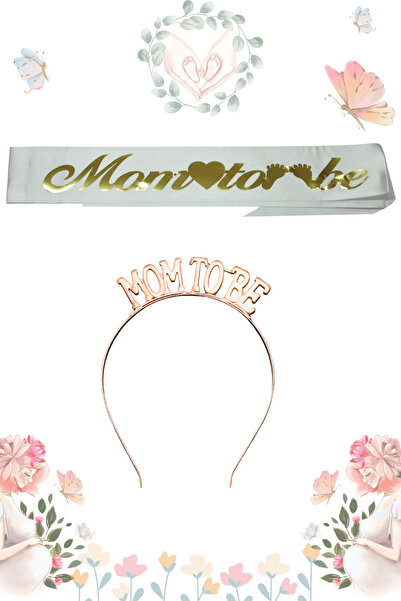 Larenya Mom To Be Metal Crown și Sash & Baby Shower Set & White Gold Sash Ros...