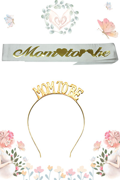 Larenya Mom To Be Coroană Metalică și Curea & Set Baby Shower & Curea Albă de Aur Coroană Aurie