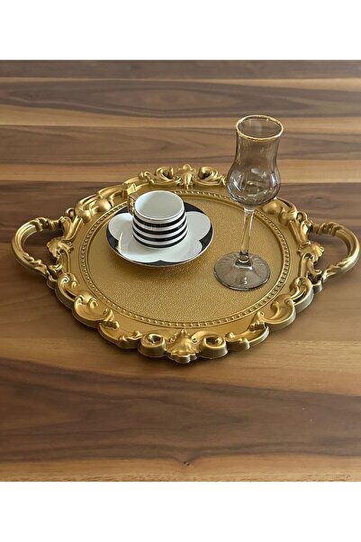 Panoramas Home Yılbaşı Gold Lüks Dekoratif Altın Yaldızlı Kırılmaz Yuvarlak Sunum Çay Servis Söz Nişan Tepsisi
