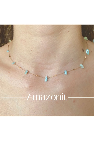 Amazonit Doğal Taş Minimal Gold Çelik Kolye