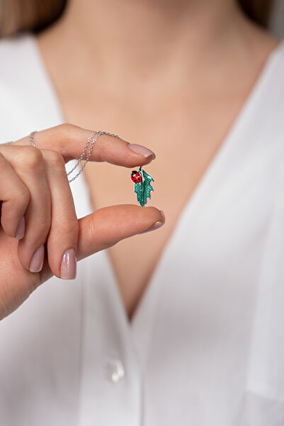HomSilverjewelry 925 Ayar Gümüş Uğur Böceği Detaylı Mineli Yaprak Tasarımlı K...