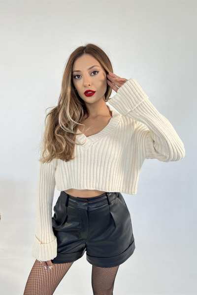 Lucax Triko V yaka Crop Kazak-Crop-Kısa Kazak-Kadın Tam Crop Kazak