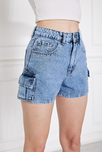 Elma Dünyası Mavi Kargo Cepli Kadın Şort R'c Jeans