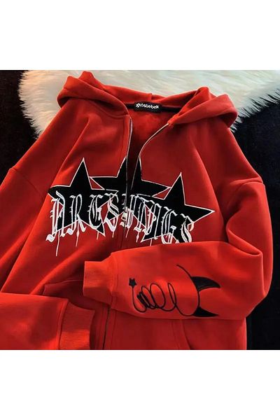 Köstebek Red Triple Star Devil Icon Zippered (Unisex) Hoodie - MINGALONDON