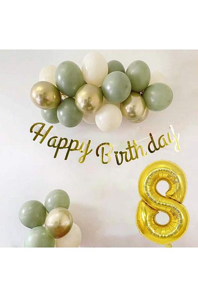 Patladı Gitti 8 Year Old Mold Green Sea Sand and Chrome Gold Balloon Concept Birthday Set