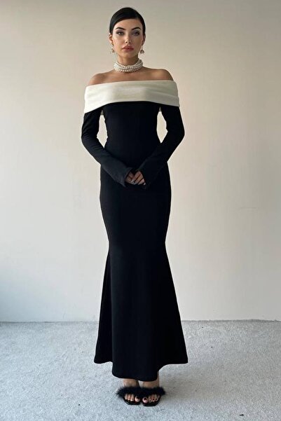 vuvutasarım Kadın Siyah Triko Kumaş Madonna Yaka Etek Ucu Geniş Kesim Uzun Kollu Siyah Beyaz Elbise 181