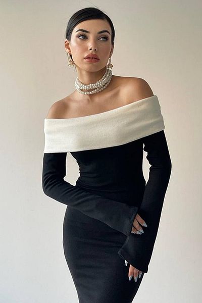 vuvutasarım Dámské černé úpletové tkaniny Madonna Límec Lem Široký střih Dlouhý rukáv Černobílé šaty 181
