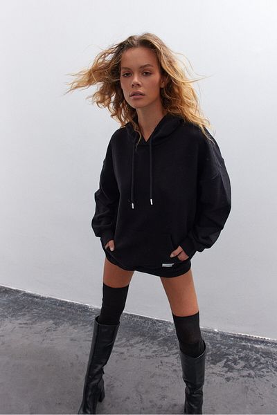 Bases Μαύρο φούτερ με κουκούλα Oversize με Fleece Εσωτερικά