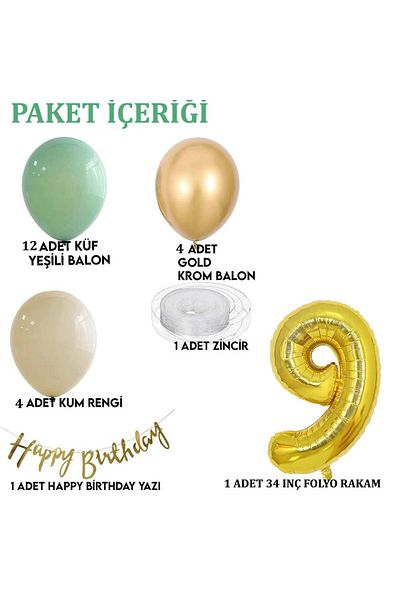 Patladı Gitti 9 Year Old Mould Green Sea Sand and Chrome Gold Balloon Concept Birthday Set