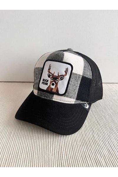 HatClub Exclusive Унисекс черно-бяла карирана шапка с регулируема гръбна фигурка на Buck Fever Deer