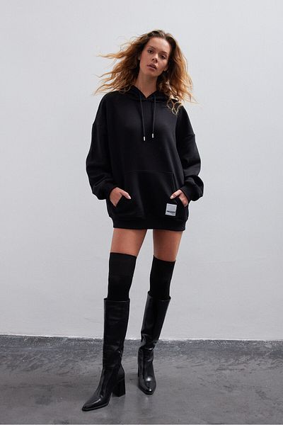 Bases Μαύρο φούτερ με κουκούλα Oversize με Fleece Εσωτερικά