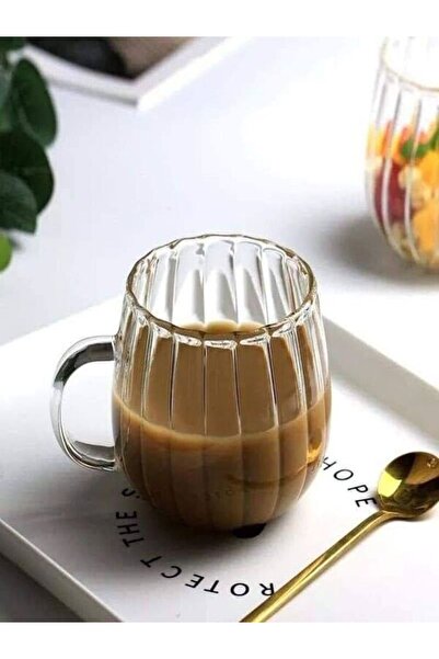 hediyeofisi 300 ml Striped Patterned Heat Resistant Glass Mug Cup with Handle Coffee Bead Cup Grape Cup