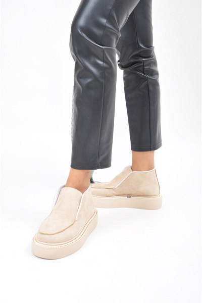 KOTAN Beige Comfortable Orthopedic Thick Sole Elastic Suede Women's Boots