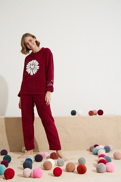 Siyah İnci burgundy Bottom-Top Wellsoft Embroidered Pajama Set