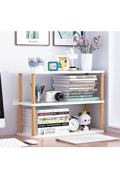 QuickBuy Dekoratif Masa Üstü Kitaplık 3 Katlı Ahşap Ayaklı Masa Düzenleyici M...