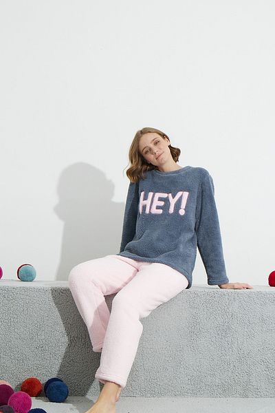 Siyah İnci indigo Bottom-Top Wellsoft Embroidered Pajama Set