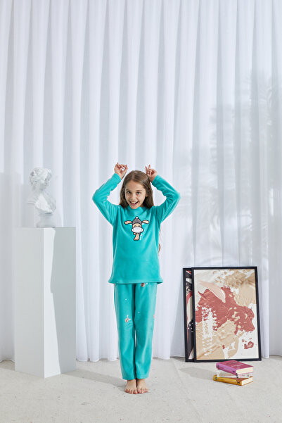 Siyah İnci Green Bottom-Top Polar Embroidered Pajama Set
