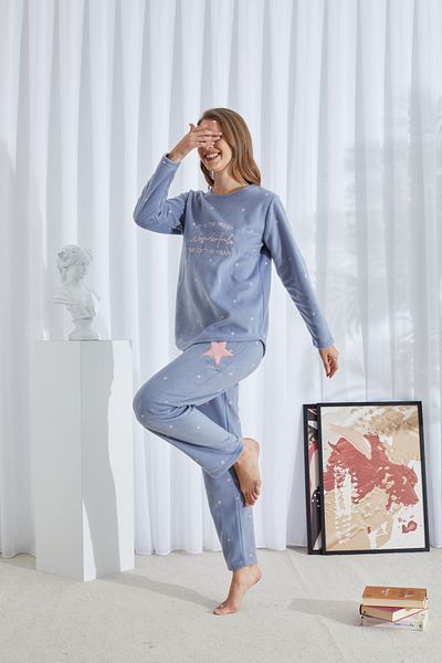 Siyah İnci Blue Patterned Bottom-Top Polar Embroidered Pajama Set