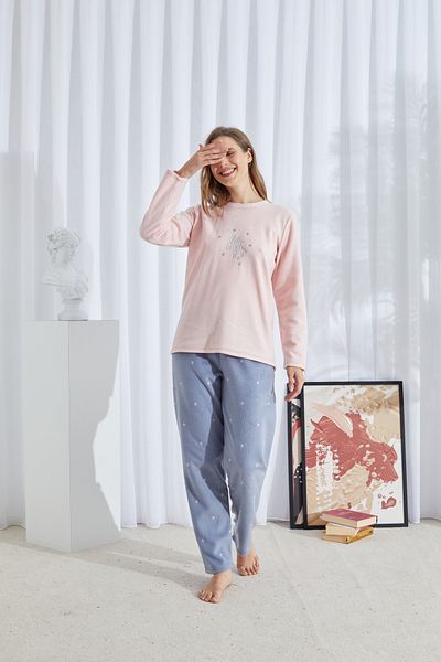 Siyah İnci Pink Patterned Bottom-Top Polar Embroidered Pajama Set