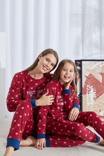 Siyah İnci burgundy patterned Bottom-Top Polar Embroidered Pajama Set