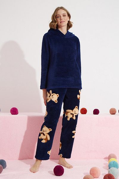 Siyah İnci Σετ πιτζάμες με κουκούλα μπλε Navy Bottom-Top Wellsoft