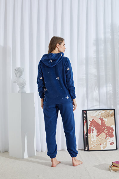 Siyah İnci Navy Blue Patterned Bottom-Top Fleece Hooded Embroidered Pajama Set