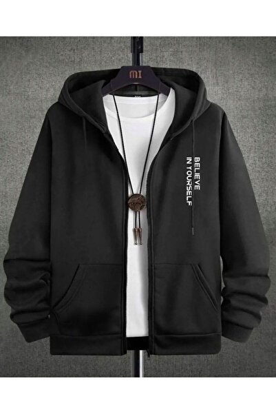 SELENA BUTİK Unisex Black Believe Printed Zipper Cardigan