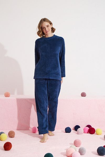 Siyah İnci Σετ πιτζάμες με κέντημα με μπλε Navy Bottom-Top Wellsoft