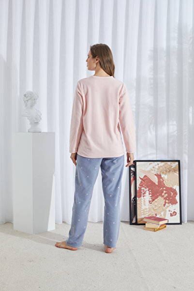 Siyah İnci Pink Patterned Bottom-Top Polar Embroidered Pajama Set