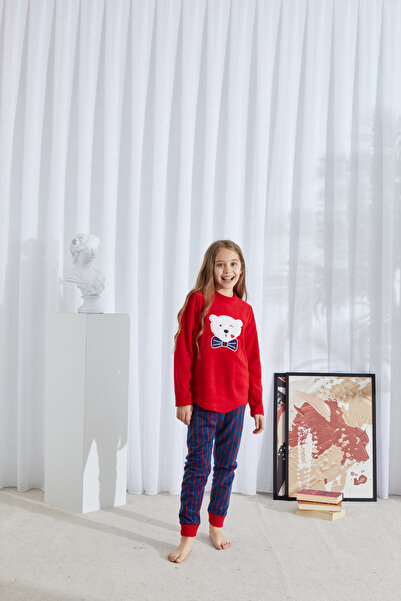 Siyah İnci Red Top-Bottom Fleece Embroidered Pajama Set