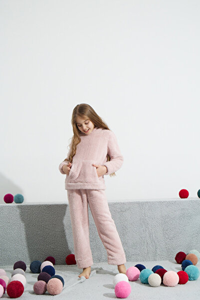 Siyah İnci pudra Alt-Üst Wellsoft Kapişonlu Nakışlı Cepli Pijama Takım