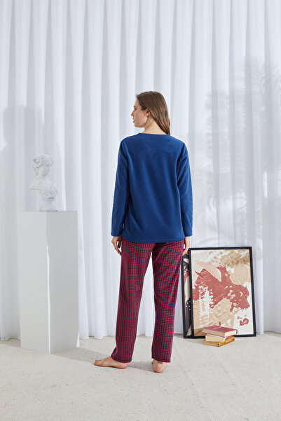 Siyah İnci Navy Blue Patterned Bottom-Top Polar Embroidered Pajama Set