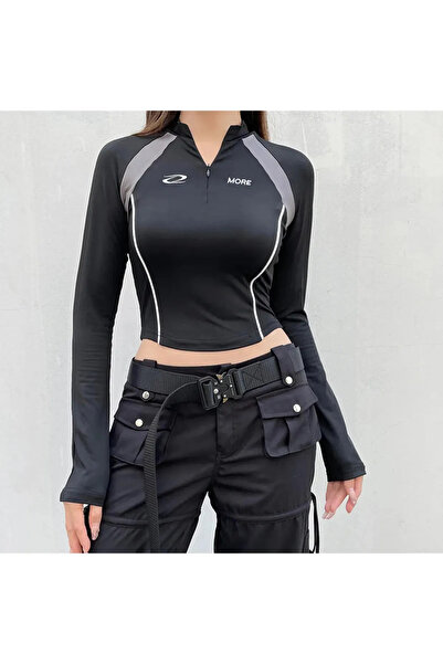 Gofeel Harajuku Street Siyah More Sandy Line Detail Uzun Kollu Crop