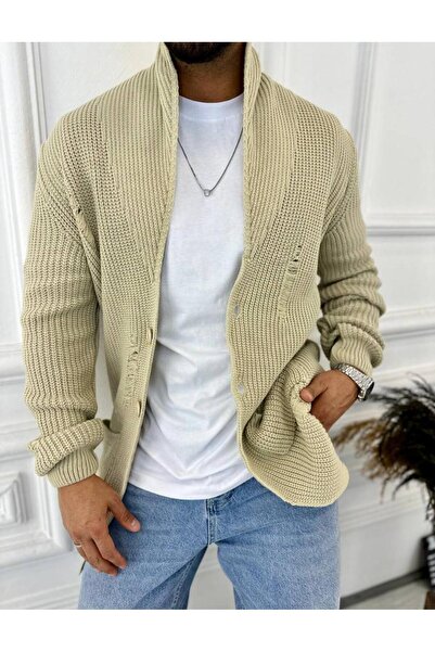 elkumoda Cardigan Braided Shawl Collar Pocket Laser Cut Ripped Detail Non-Pilling Knitted Cardigan