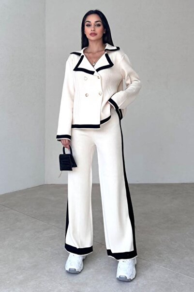 vuvutasarım Ζακέτα με υφασμάτινο γιακά με κουμπιά και ψηλόμεσο παντελόνι Λευκό πλεκτό στο κάτω μέρος 2501